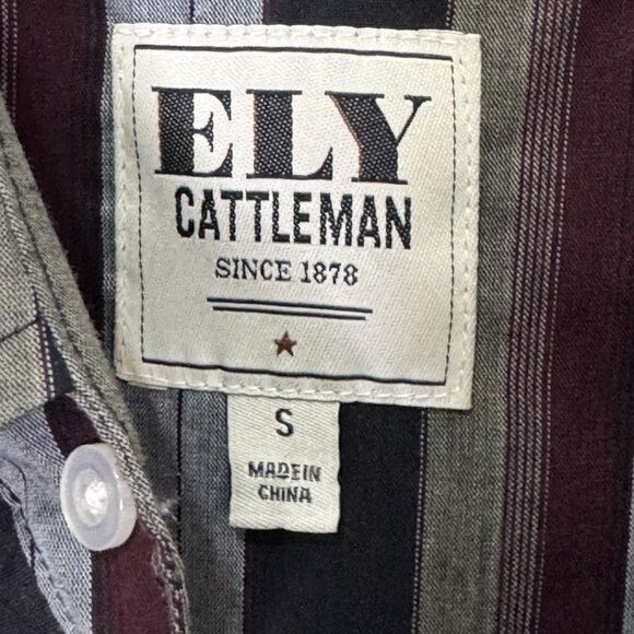 Ely Cattleman Shirt Mens Small Black Gray Burgundy Striped Western Pearl Snap - Picture 2 of 6